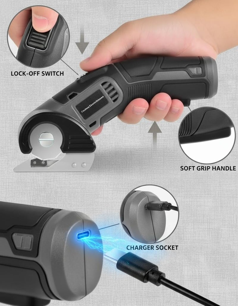 EiGuoerl 4V Cordless Electric Scissors, Lightweight Rotary Cutter with 2 Blades & USB Charging, for Cardboard Fabric Leather Carpet Plastic Rope Cutting, Safety Lock for Home DIY Craft Use - Image 4